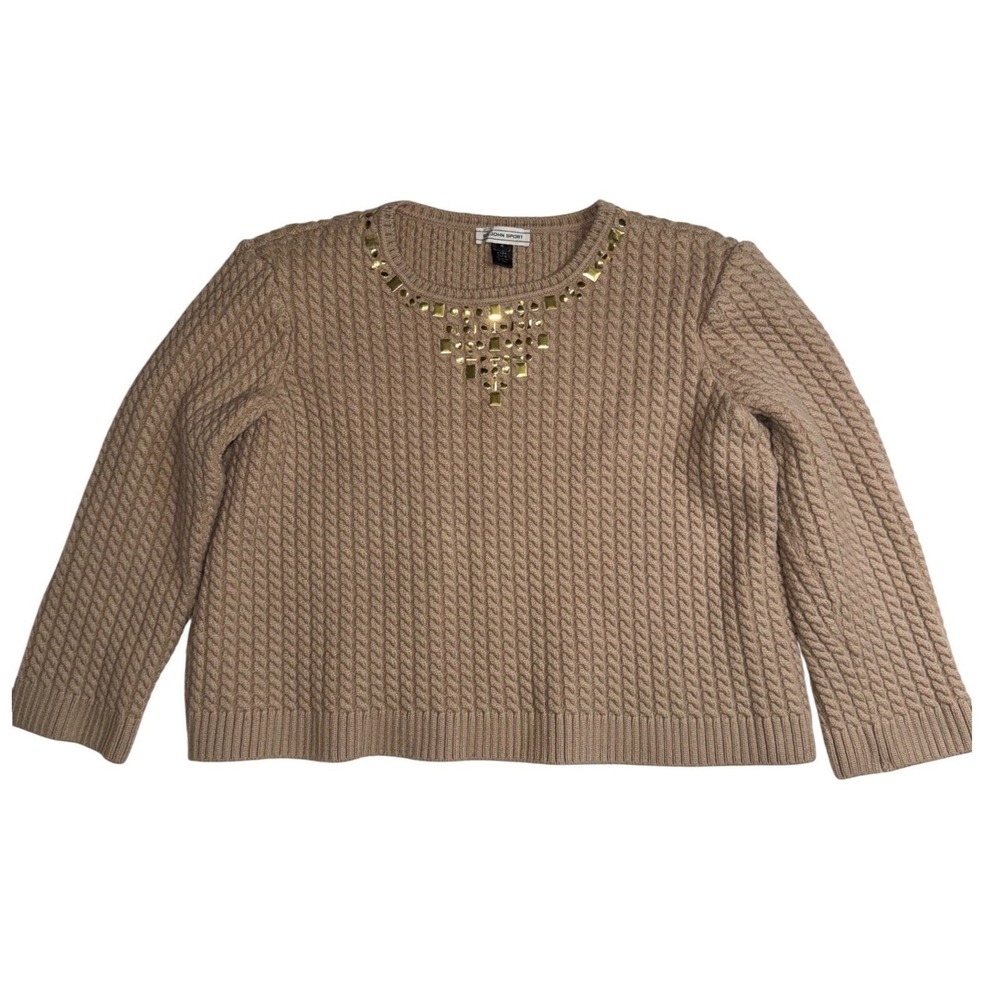 St John Sport Womens XL Tan Wool Blend Crop Cable Knit Gold Studded Sweater